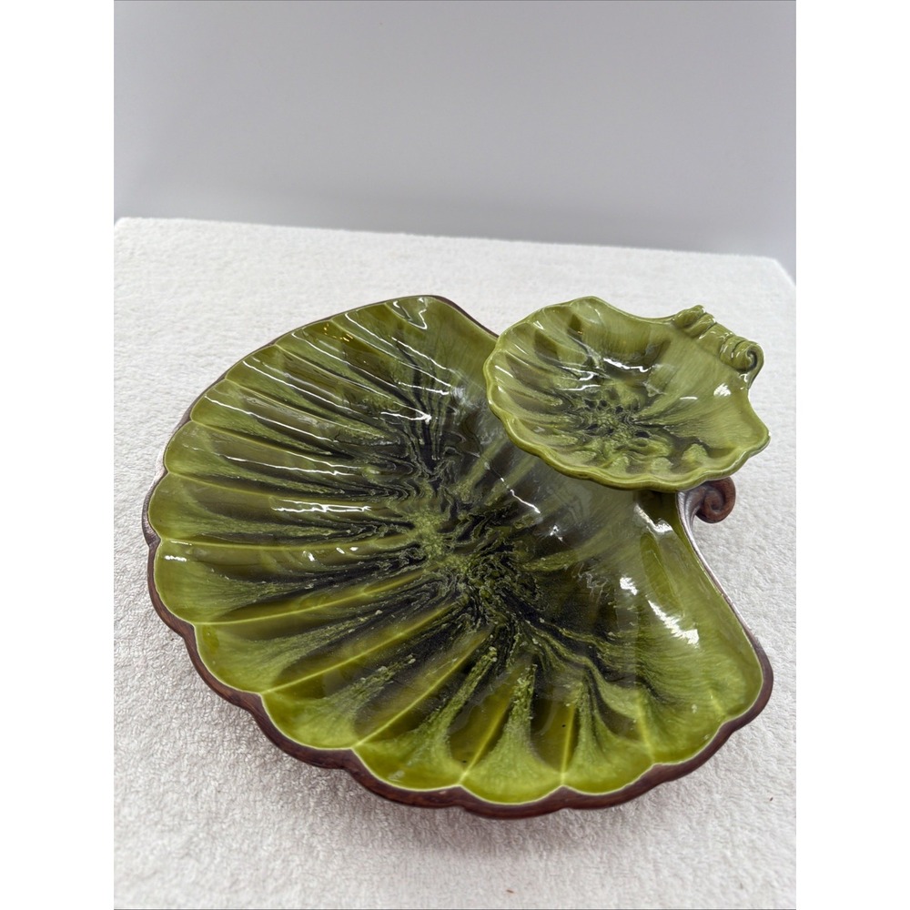 Treasure Craft MCM Shell Chip Dip pottery bowl 2 Tiered set USA Green 70's Vtg